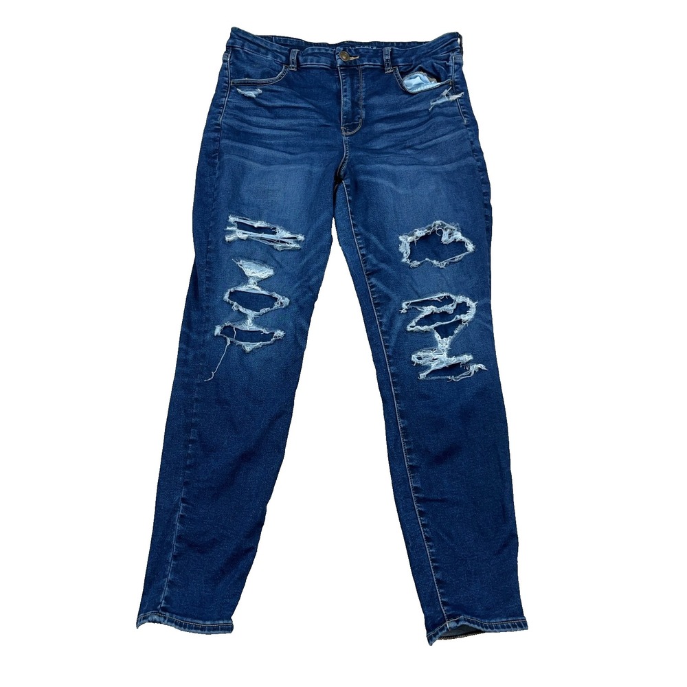 American Eagle Curvy High Rise Jegging Women 14 Blue Jeans Distressed Dark Wash
